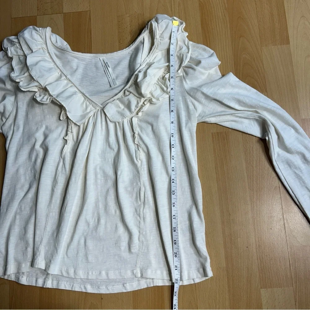 Anthropologie Cream‎ Ruffled V-Neck Puff Shoulder Blouse Cotton Small